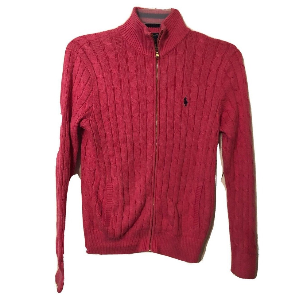 Ralph Lauren Golf Sweater Womens Size M Cardigan Zip Cable Knit long sleeve pink